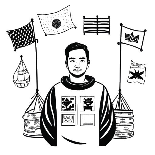 Line art drawing of Andrew Tate with flags of England, Romania, Germany, and Spain