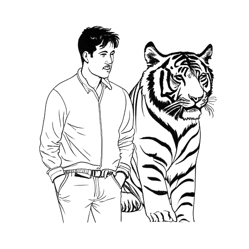 Desenho em arte de linha de Andrew Tate com seu tigre de estimação, Simba
