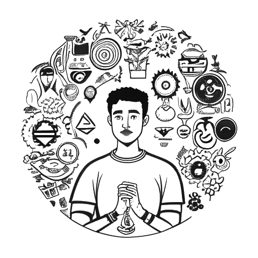 Line art drawing of Andrew Tate with symbols of his core values