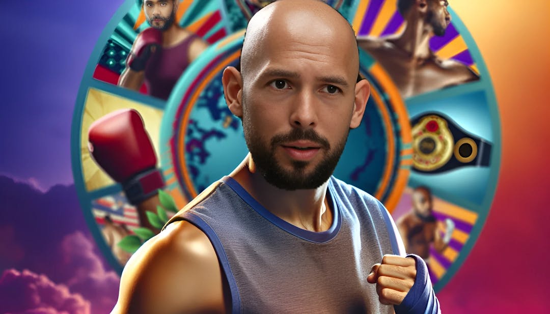 Andrew Tate, a bald male kickboxer with a beard, looking confident and determined in a three-quarter view. The background showcases his kickboxing career with vibrant colors and symbols, while his sporty attire reflects his lifestyle. High-resolution image with smooth skin and average build.
