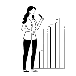 Line art drawing of a woman, representing Alex Cooper, with crossed arms in front of a bar graph showing growth, with a phone displaying social media, highlighting her impact and presence online.