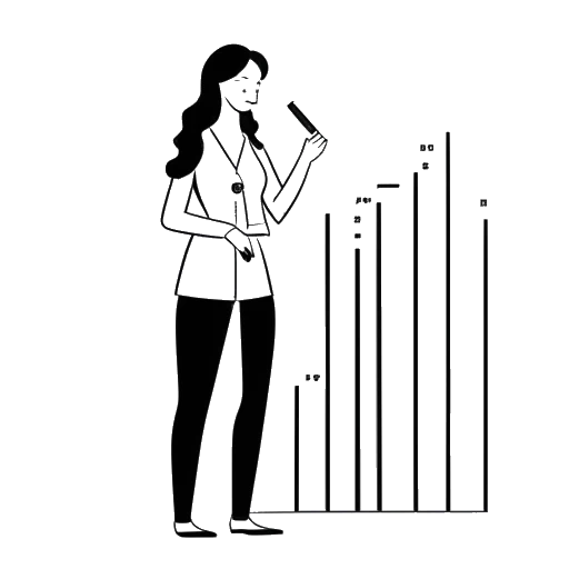 Line art drawing of a woman, representing Alex Cooper, with crossed arms in front of a bar graph showing growth, with a phone displaying social media, highlighting her impact and presence online.