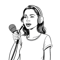 Linienzeichnung einer Frau, die Alex Cooper repräsentiert, mit einem Mikrofon, Ausstrahlung von Selbstbewusstsein in einem Setting mit Kameras und Lichtern, das ihre Medienpräsenz einfängt.