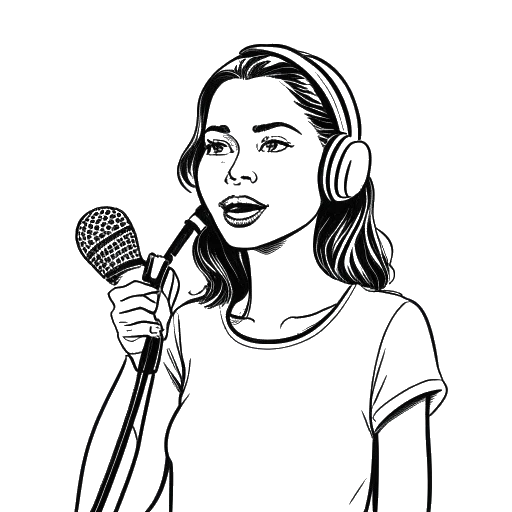 Line art drawing of a woman representing Alex Cooper with a microphone, exuding confidence in a setting with cameras and lights, capturing her media presence.