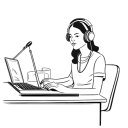 Line art drawing of a woman, representing Alex Cooper, at a broadcasting desk with a podcast setup, underlined by a visual metaphor of a large dollar sign for her successful contract.