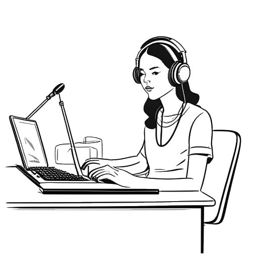 Line art drawing of a woman, representing Alex Cooper, at a broadcasting desk with a podcast setup, underlined by a visual metaphor of a large dollar sign for her successful contract.
