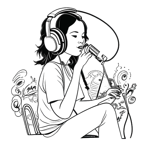 Line art of a woman, representing Alex Cooper, at a podcast setup with microphone and headphones. The background features dollar signs and music notes, indicating the success and financial gain in her career.