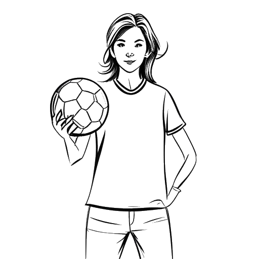 Line art drawing of a woman representing Alex Cooper holding a soccer ball and a diploma from Boston University