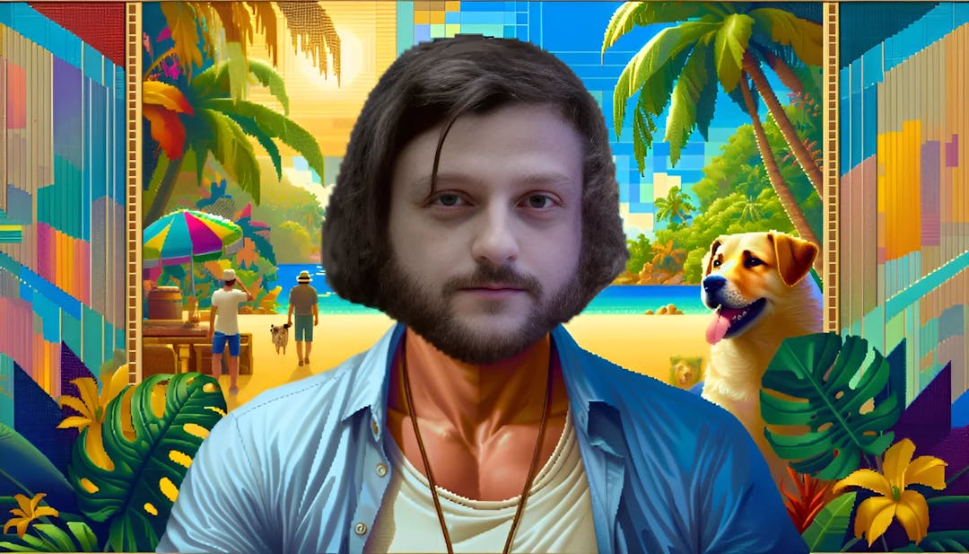 SkyDoesMinecraft, um homem com pele clara e corpo médio a grande, em um cenário vibrante e temático tropical com elementos inspirados no Minecraft e um cachorro amigável, vestindo roupas casuais na cor azul.