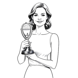 Desenho de linha de uma jovem segurando uma estatueta do Oscar, representando a vitória de Emma Stone como Melhor Atriz em 'La La Land'. A imagem simboliza seu talento e reconhecimento na indústria.