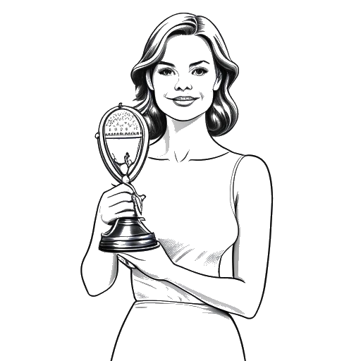 Line art drawing of a young woman holding an Oscar statuette, representing Emma Stone's win for Best Actress in 'La La Land'. The image symbolizes her talent and recognition in the industry.