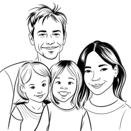 Disegno in line art di una famiglia, rappresentando la vita personale e la felicità di Emma Stone. L'immagine simboleggia il suo matrimonio e la gioia di accogliere una figlia.