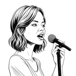 Lijnillustratie van een jonge vrouw met een microfoon, die de doorbraak van Emma Stone in 'Superbad' vertegenwoordigt. De afbeelding legt haar komische talenten vast en de impact van de film.