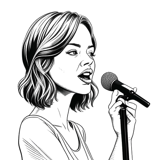 Line art drawing of a young woman holding a microphone, representing Emma Stone's breakthrough performance in 'Superbad'. The image captures her comedic talents and the impact of the film.