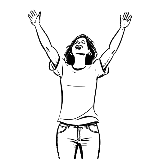 Desenho de linha de uma adolescente com os braços levantados, representando uma jovem Emma Stone encontrando paixão e confiança na atuação. A imagem captura seu entusiasmo pelas artes performáticas.
