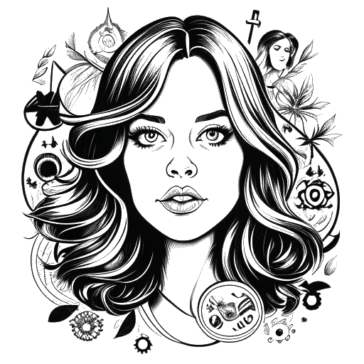 Line drawing of a woman, representing Emma Stone, with flowing hair and expressive eyes. She is surrounded by iconic symbols of cinema, including a film reel, an Oscar statue, and a dollar sign, all on a white background.