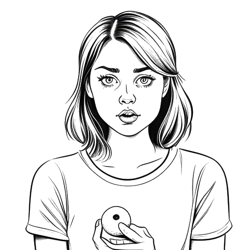 Line art drawing of a teenage girl, representing Emma Stone, with a worried expression, holding a stress ball.