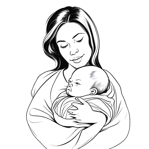 Line art drawing of a woman, representing Emma Stone, holding a baby wrapped in a blanket.