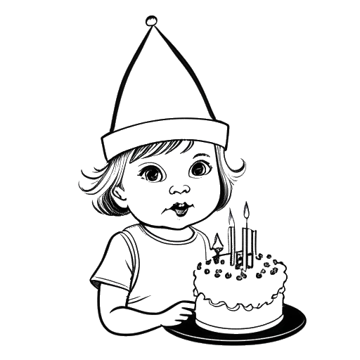 Line art drawing of a baby girl, representing Emma Stone, wearing a birthday hat, next to a cake with '1988' on it.