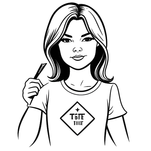 Line art drawing of a woman, representing Emma Stone, holding a 'Stand Up To Cancer' sign and a 'Time's Up' badge.
