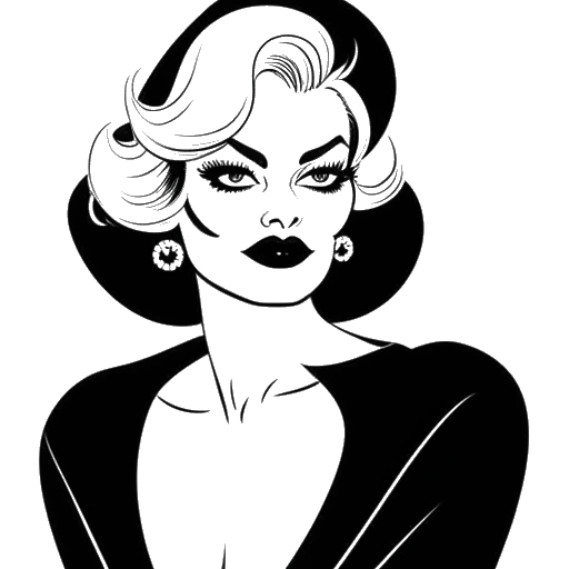 Line art drawing of a woman, representing Emma Stone as Cruella de Vil, wearing her iconic costume from 'Cruella'.
