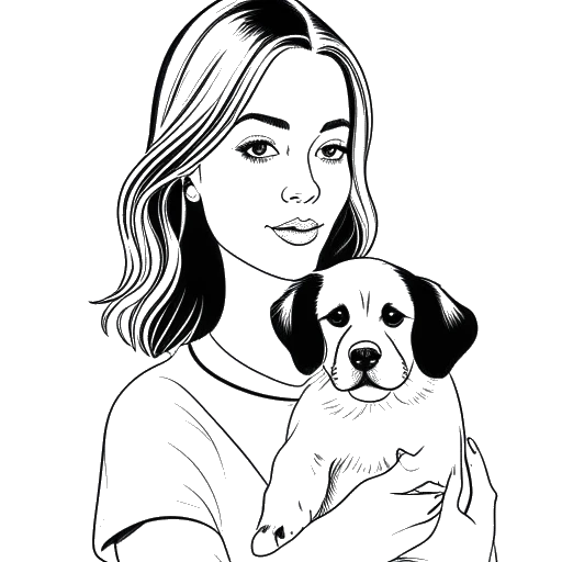 Line art drawing of a woman, representing Emma Stone, holding a puppy.
