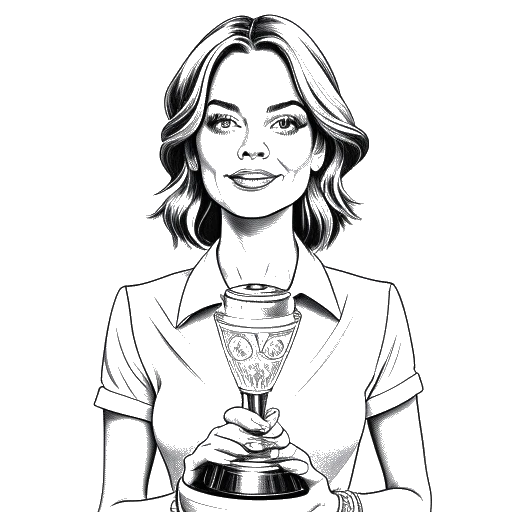 Desenho de arte de uma mulher, representando Emma Stone, cercada de dinheiro e segurando um troféu de 'Atriz Mais Bem Paga'.