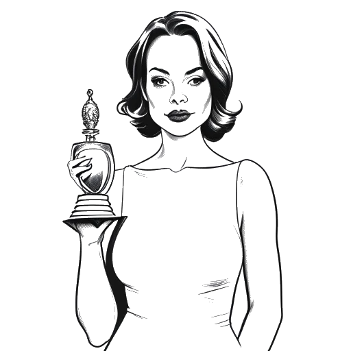 Line art drawing of a woman, representing Emma Stone, holding her Oscar statuette for 'La La Land'.