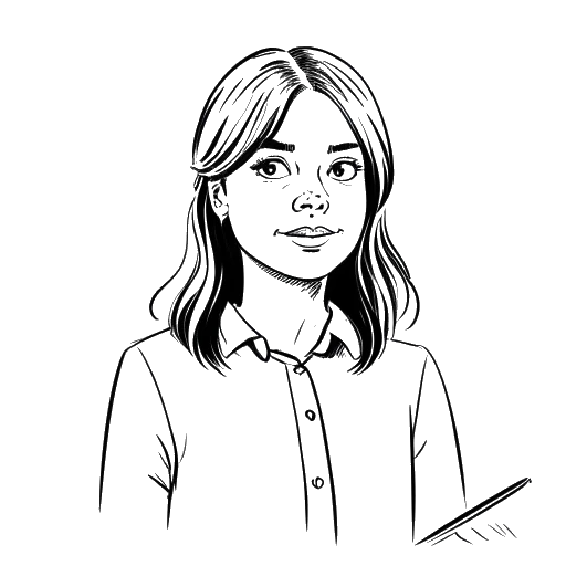 Desenho de arte de uma adolescente, representando Emma Stone, fazendo uma apresentação de PowerPoint para os pais.