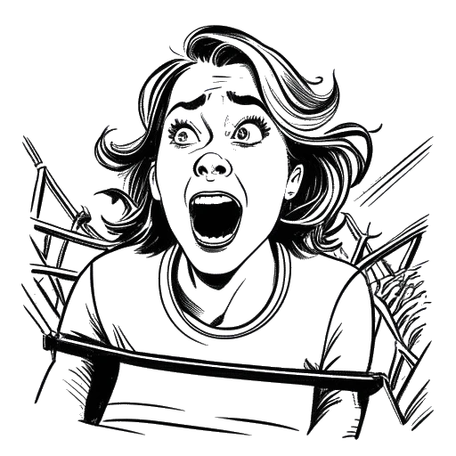 Desenho de arte de uma mulher, representando Emma Stone, em uma montanha-russa com uma expressão assustada, mas animada.