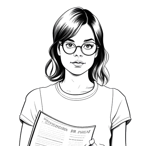 Desenho de arte de uma jovem mulher, representando Emma Stone, segurando um roteiro de filme com 'Superbad' escrito nele.