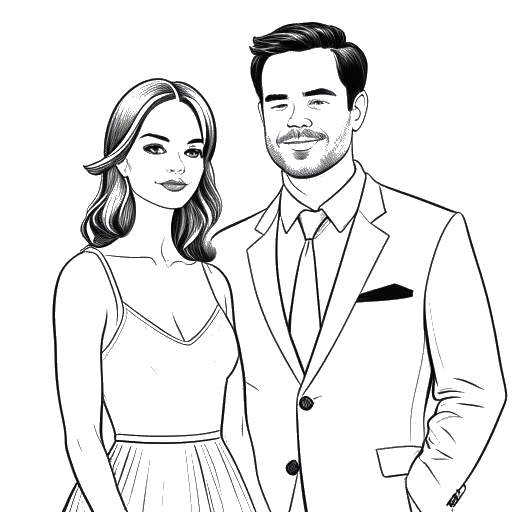Line art drawing of a woman, representing Emma Stone, and a man, representing Dave McCary, standing together in wedding attire.