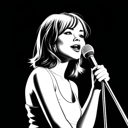 Line art drawing of a young girl, representing Emma Stone, performing on a theater stage with a spotlight.