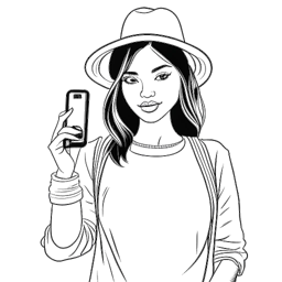 Dibujo de líneas de una mujer, representando a Alessya Farrugia, posando con estilo con su teléfono, rodeada de íconos de Instagram, mostrando su influencia en la plataforma.