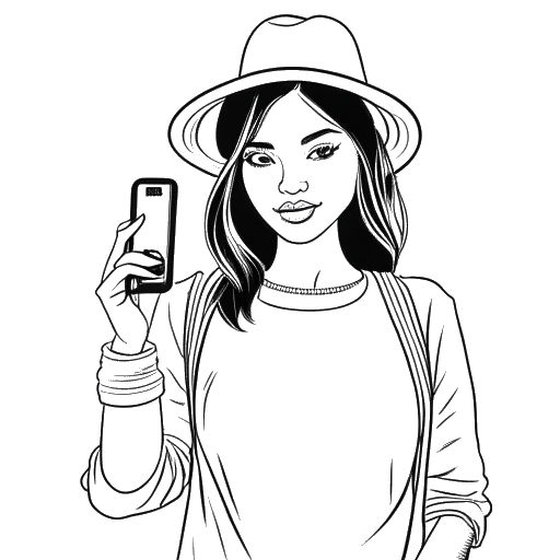 Lijnkunsttekening van een vrouw, die Alessya Farrugia vertegenwoordigt, stijlvol poserend met haar telefoon, omringd door Instagram-iconen, waarbij ze haar invloed op het platform laat zien.