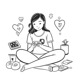 Lijnkunsttekening van een vrouw, die Alessya Farrugia vertegenwoordigt, videospellen speelt en in interactie is met een online community, met een console en hartsymbolen, waarbij haar persoonlijk leven en interesses worden benadrukt.