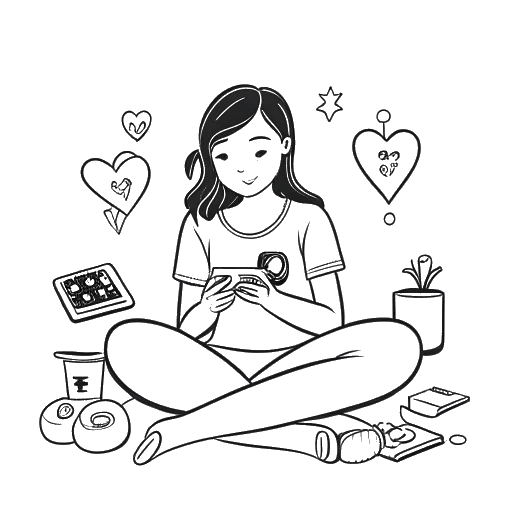 Lijnkunsttekening van een vrouw, die Alessya Farrugia vertegenwoordigt, videospellen speelt en in interactie is met een online community, met een console en hartsymbolen, waarbij haar persoonlijk leven en interesses worden benadrukt.