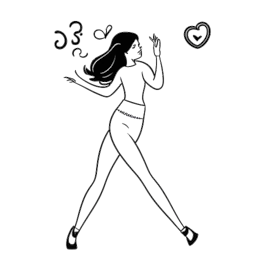 Desenho em arte linear de uma mulher, representando Alessya Farrugia, dançando e interagindo com seu telefone, com notas musicais e um ícone de coração, simbolizando sua fama no TikTok.