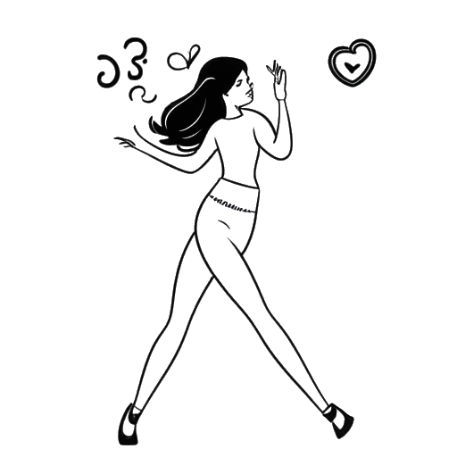 Lijnkunsttekening van een vrouw, die Alessya Farrugia vertegenwoordigt, dansend en in interactie met haar telefoon, met muzieknoten en een hartpictogram, symbool voor haar TikTok-faam.