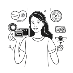 Disegno in bianco e nero di una donna, che rappresenta Alessya Farrugia, che registra per il suo canale YouTube con telecamera e icone del tasto di riproduzione, indicando il suo percorso nella creazione di contenuti.