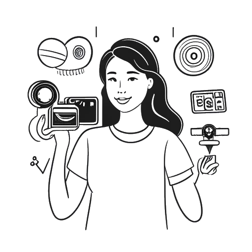 Strichzeichnung einer Frau, die Alessya Farrugia darstellt, die für ihren YouTube-Kanal aufnimmt, umgeben von Kamera- und Wiedergabesymbolen, die ihren Weg der Inhaltserstellung zeigen.