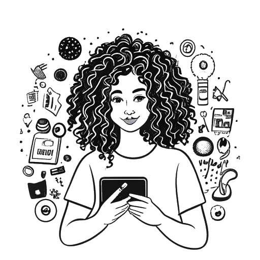 Disegno in arte lineare di una giovane donna con capelli ricci, che tiene uno smartphone e circondata da icone popolari dei social media, rappresentanti le fonti di reddito di Alessya Farrugia.