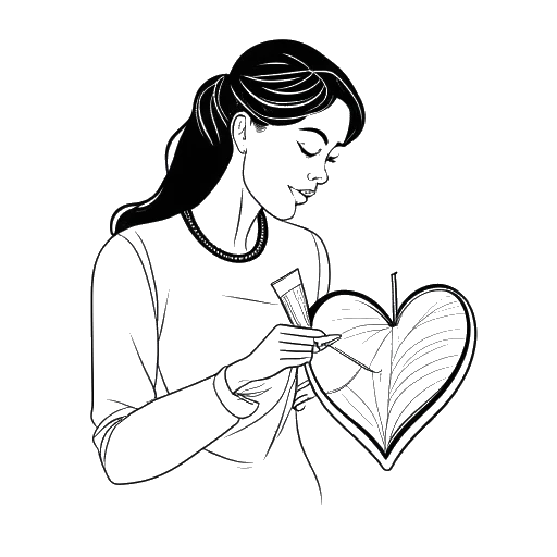 Line drawing of a woman studying a heart diagram, representing Alessya Farrugia's aspiration to become a cardiologist, on a white backdrop