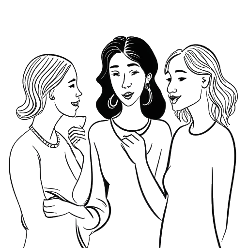 Desenho em linha de uma mulher interagindo com amigos, representando as visões de Alessya Farrugia sobre amizade, em um fundo branco