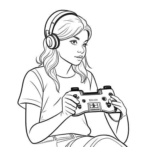Desenho em linha de uma mulher jogando com um controle de videogame, representando o amor de Alessya Farrugia por jogos, em um fundo branco