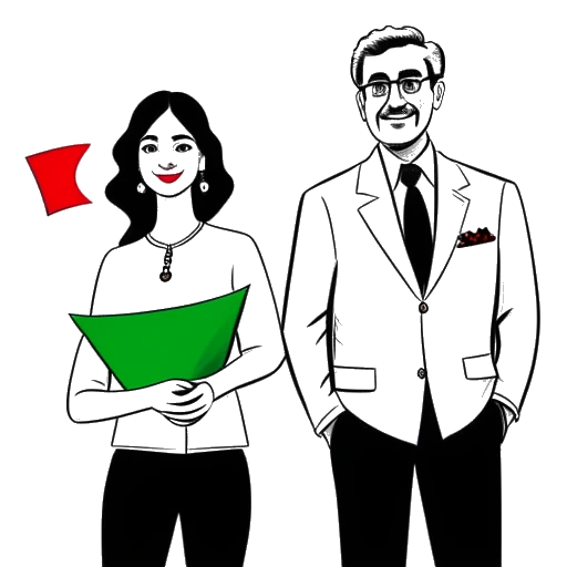 Line art drawing of a woman and man, representing Alessya Farrugia's parents, holding their respective country flags, Italian and Maltese, against a white backdrop