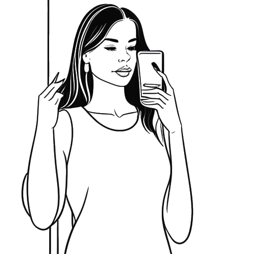 Desenho em linha de uma mulher tirando uma selfie no espelho, representando as fotos de moda de Alessya Farrugia no Instagram, em um fundo branco