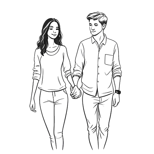 Desenho em linha de uma jovem mulher e um rapaz segurando as mãos, representando Alessya Farrugia e Mariano Castano, em um fundo branco