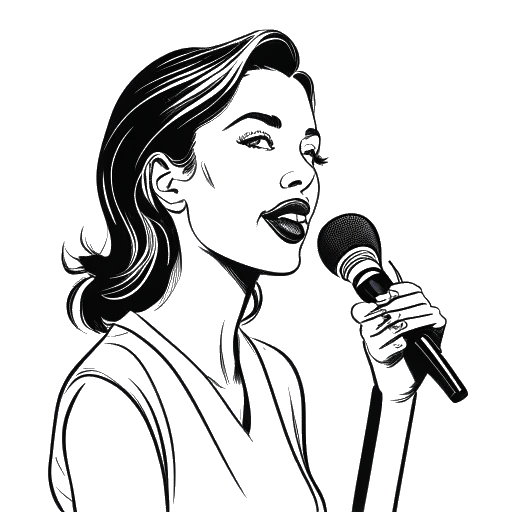 Desenho em linha de uma mulher falando em um microfone, representando a pronúncia do nome de Alessya Farrugia, em um fundo branco