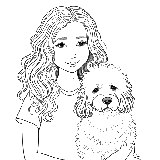 Line drawing of a young girl with long hair and a Maltese poodle, representing Alessya Farrugia's sister Michaela and her dog Gizmo, on a white backdrop